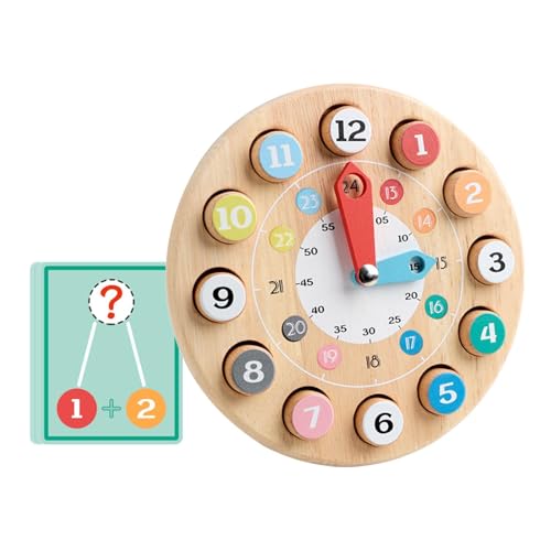 Perfeclan Holzuhr-Spielzeug, Stapelsortierer, Frühes Lernen, Bewegliche Zeiger, Zeit-Zahlen-Puzzle, Puzzle für im Alter von 1–3 Jahren, Geschenk von Perfeclan