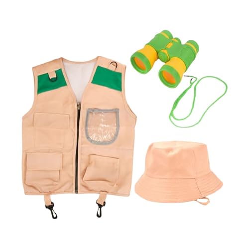 Perfeclan Kids Explorer Kostüm Set Campingausrüstung Frachtweste und Hut -Fernglas tun vor, Spiel Backyard Outdoor Exploration für Jungen Mädchen, Klare Taschenweste von Perfeclan