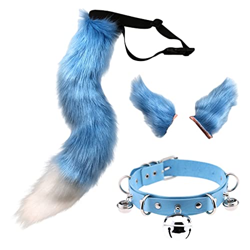 Perfeclan Kunstpelz Katzenohren Haarspange Furry Wolf Fox Long Tail Kostüm Halloween Party Neck Chocker Cosplay Set - Blau von Perfeclan