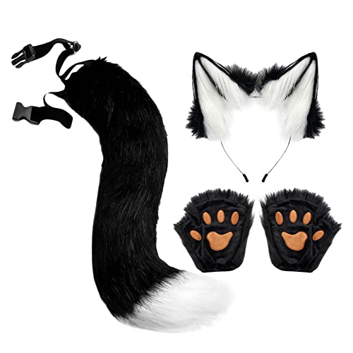 Perfeclan Kunstpelz Plüsch pelzige Fuchsschwanz Ohren und Kralle Handschuhe Set Pfoten Fäustlinge Cosplay Kostüme Zubehör für Halloween Mottoparty Karneval Thema Party Weihnachtsfeier, Schwarz A von Perfeclan