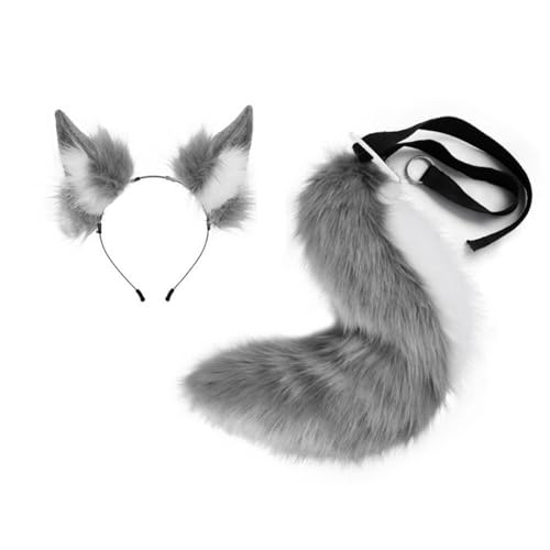 Perfeclan Ohren Stirnband und Schwanz Set Geschenk Tier Ohren Haar Hoop für Leistung Prom Geschenke, Grau-weiß von Perfeclan