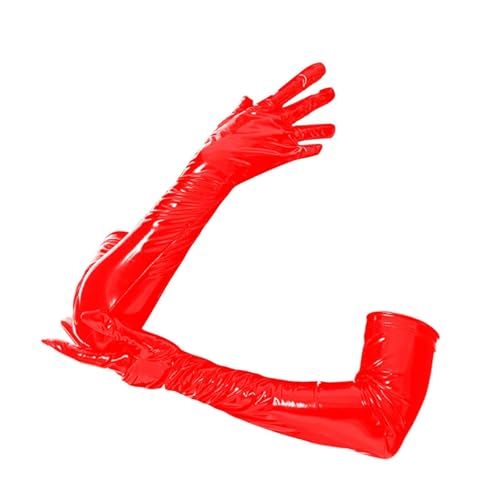 Perfeclan Patentlederhandschuhe Ellbogen Lange Handschuhe glänzender Finger für Frau Fäustlinge für Halloween Cosplay Tanzkleidung Weihnachtsabend, Rot von Perfeclan