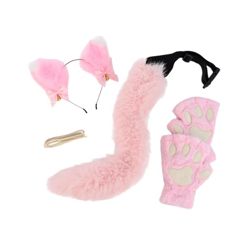 Perfeclan Plüsch-Stirnband, Krallen-Handschuhe und Schwanz-Set, Kostümzubehör für Party, Rosa von Perfeclan