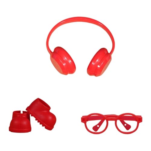 Perfeclan Puppen-Regenstiefel-Zubehör, Elegante Foto-Requisiten, Kostüme, DIY-Puppenschuhe mit Kopfhörern und Brille für 6,69 Zoll, Rot von Perfeclan