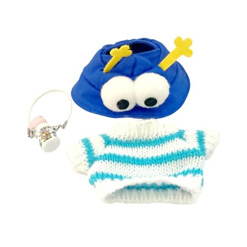 Perfeclan Puppenkleidung mit Kleiner Wasserflasche, leicht, stilvoll, dekorativ, für Partys, Mini-Strickpullover mit Streifen, Puppenkleidung, Blauer Hut von Perfeclan