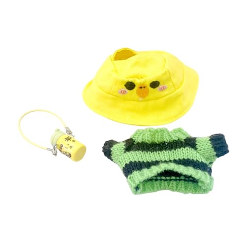 Perfeclan Puppenkleidung mit Kleiner Wasserflasche, leicht, stilvoll, dekorativ, für Partys, Mini-Strickpullover mit Streifen, Puppenkleidung, Gelber Hut von Perfeclan