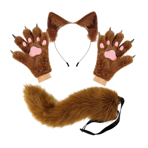 Perfeclan Tierohr-Stirnband, Schwanz-Handschuhe-Set, schönes Plüsch-Ohr-Stirnband für Festliche Veranstaltungen, Braun von Perfeclan