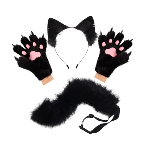 Perfeclan Tierohr-Stirnband, Schwanz-Handschuhe-Set, schönes Plüsch-Ohr-Stirnband für Festliche Veranstaltungen, Schwarz Perfeclan Tierohr-Stirnband, Schwanz-Handschuhe-Set, schönes Plüsch-Ohr-Stirnband für Festliche Veranstaltungen, Schwarz von Perfeclan