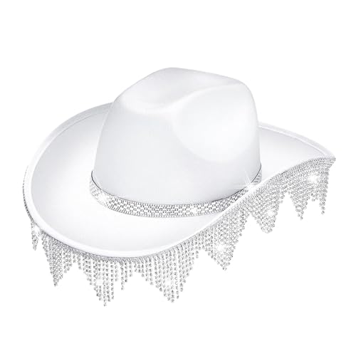 Perfeclan Western-Strass-Quasten, Cowboy-Hut, Gentleman-Jazz-Kappe, Hut mit großer Krempe für Karneval, Kostümzubehör, Weiß von Perfeclan