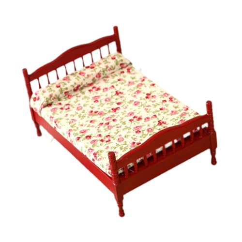 Perfeclan 1:12 Puppenhaus Doppelbett Modell Puppenhaus Miniatur Bett DIY Szene Modell Doppelbett Modell Holz Mini Bett für Zimmer Dekoration, Rot von Perfeclan