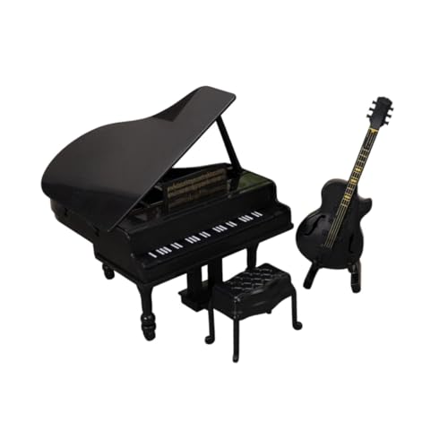 Perfeclan 1:12 Skala Dollhouse Mini Grand Piano Gitarre mit Stuhl Mini Möbel Spielzeug Musikinstrument Model Spielzeug für Wohnzimmer, Schwarz von Perfeclan