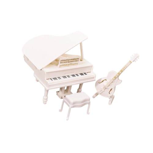 Perfeclan 1:12 Skala Dollhouse Mini Grand Piano Gitarre mit Stuhl Mini Möbel Spielzeug Musikinstrument Model Spielzeug für Wohnzimmer, Weiß von Perfeclan