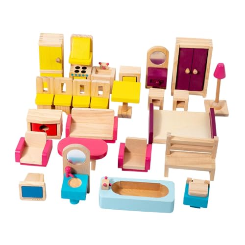 Perfeclan 26 Stücke Holzpuppenhausmöbel Set tun Spielen Spielzeug Klassiker Dollhouse Dekoration Hobby Handwerk Kinder Spielzeug für Kleinkinder 3+ von Perfeclan