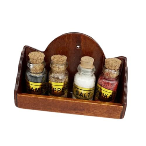 Perfeclan Doll House Storage Wandregal mit 4 Gewürzgläser rustikaler Prentend -Spielspielzeug Organisator Miniaturmöbel für die Küchenszene von Perfeclan