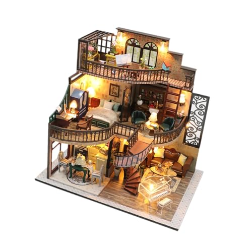 Perfeclan Puppenhaus-Set aus Holz, Puppenhaus, Bastelspielzeug, Mini-Handwerk aus Holz, Retro mit Möbeln und LED für Kinder, Bastelliebhaber, Teenager Perfeclan Puppenhaus-Set aus Holz, Puppenhaus, Bastelspielzeug, Mini-Handwerk aus Holz, Retro mit Möbeln und LED für Kinder, Bastelliebhaber, Teenager von Perfeclan