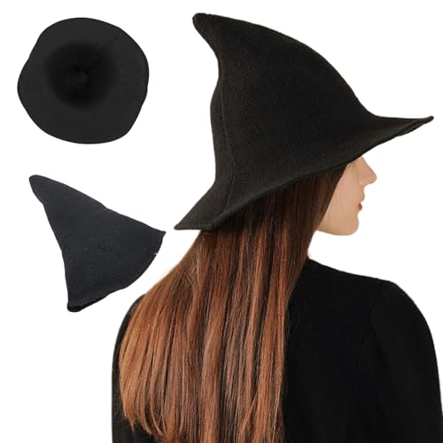 Hexenhut spitzer Fleece -Strickzauberer Hut mit formbarem Rand Gothic Personalisierte schwarze Hexe für Halloween, Party, Filmpropie, Karnevalszauberer von Perwteriy