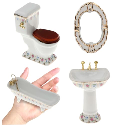 4PCS/Set Dollhouse Möbelset, 1/12 Porzellan Dollhouse Badezimmerset, einschließlich Puppenhaus Toilette, Badewanne, Spülen und Spiegelrealistischer Miniaturmöbel DIY Dollhouse Accessoires 4PCS/Set Dollhouse Möbelset, 1/12 Porzellan Dollhouse Badezimmerset, einschließlich Puppenhaus Toilette, Badewanne, Spülen und Spiegelrealistischer Miniaturmöbel DIY Dollhouse Accessoires von Pesoncarl