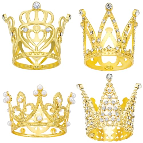 4pcs Crown Cake Topper 4 Stil Goldener Farbkrone für Kuchen mit Strass-/Perlenperlen-Mehrzweck-Legierungs-Legierungs-Topper zum Geburtstag, Hochzeit und mehr von Pesoncarl