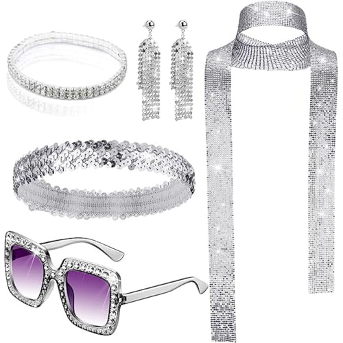 70S -Outfits für Frauen, 5pcs Pailletten Disco Kostüm Frauen, Plastik -Disco -Outfit umfasst Sonnenbranglasbrakand und Stirnband für Halloween -Geburtstagstanzparty, Spielzeug, Spielzeug, Spielzeug von Pesoncarl