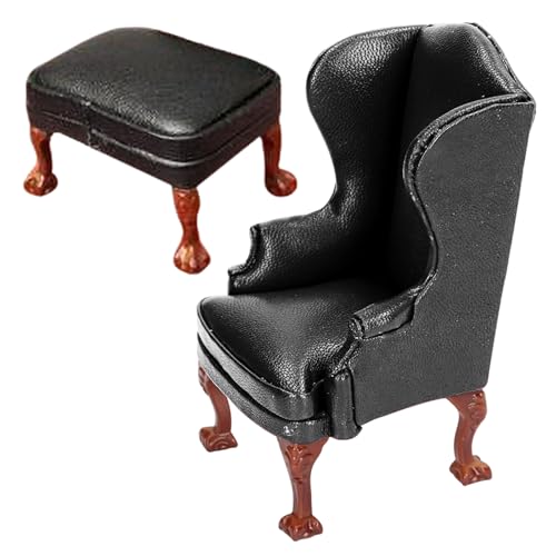 Dollhouse Couch mit Footstool 1/12 Skala Single Dollhouse Sofa Holz Miniatur -Stuhl Vintage Accessoires für Hauszimmerszene Schwarz, Puppenzubehör von Pesoncarl