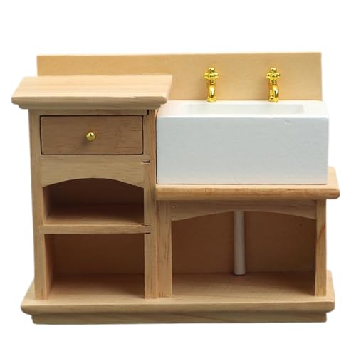 Dollhouse Waschbecken 1/12 Skala Holzwaage Waschbecken Dollhouse Miniaturen Realistische Küchenbad Waschbeckenschrank für Möbelmodelldekoration, Spielzeug, Spielzeug von Pesoncarl