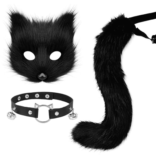 Fursuit Kunstfuchsfuchsmaske mit Lederglockenkragen & flauschigem Schwanz süße realistische Halloween -Kostüme für Themen -Party -Cosplay, schwarze, Kostümzubehör Accessoires von Pesoncarl