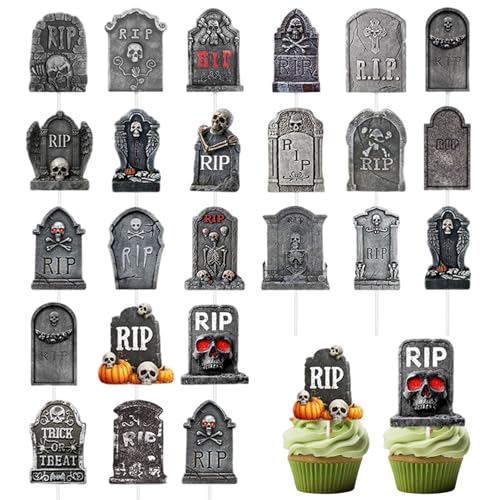 Halloween Cupcake Toppers 24pcs Gruselige Grabstein Cupcake Toppers Friedhof Halloween Kuchen Dekorationen Vorspeise Picks für Partyvorräte, Partyzubehör von Pesoncarl