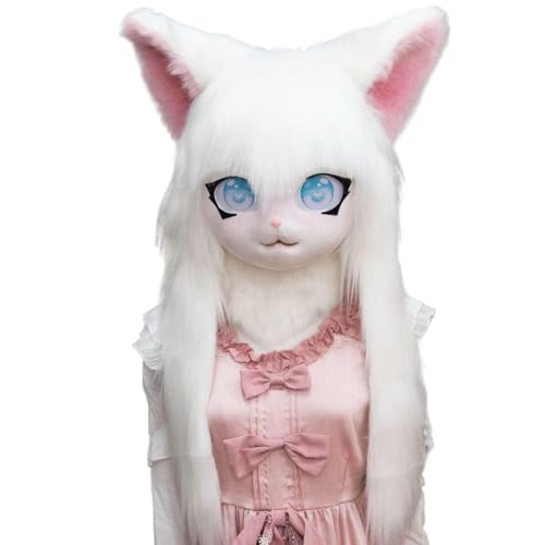 Pelziger Kopf, volle Kopfpelzmaske mit großen Augen, Ohren und weißem langem Haar, Tierpelzmaske Kostüm für Halloween -Maskerade -Cosplay -Kostüme, Spielzeug, Spielzeug von Pesoncarl