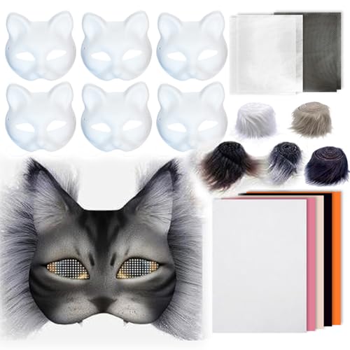 Pesoncarl 1Set Therian Mask Kit mit Wollstreifennetz Stoff halb Gesichtskatze Katze Maske lustige Kleidung zum DIY Paint Therian für Halloween Make-up-Rollenspiel-Cosplay-Party von Pesoncarl