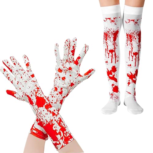 Pesoncarl Blutiges Halloween -Kostüm 1 Paar realistische blutige Handschuhe und 1 Paar Socken gefärbte Blut Halloween -Handschuhe Frauen Mädchen über Kniestock für Killer Cosplay Decor, 2025 von Pesoncarl