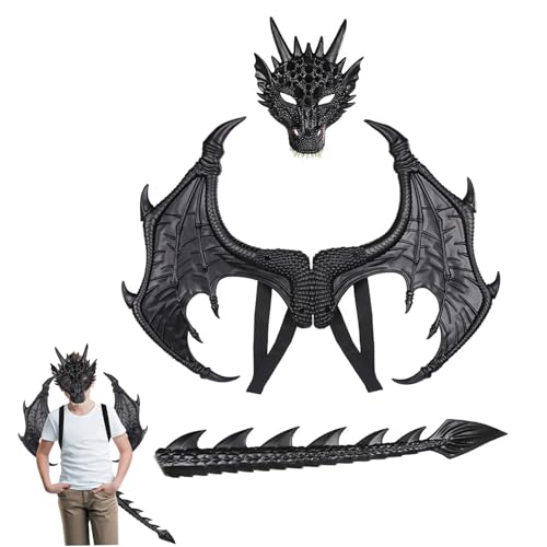 Pesoncarl Dragon Kostüm Kids Dragon Cosplay Dress Up Dinosaurier Schwanz mit Maske für Jungen Mädchen 3pcs Schwarz, Kostüm Accessoires von Pesoncarl