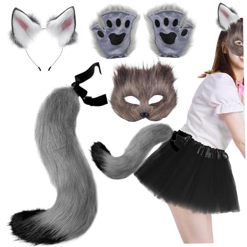 Pesoncarl Fox Kostüm 1 Set Realistic Fluffy Cute Grey Decorative Therian Ausrüstung umfasst Fox -Maske, Ohren, Schwanz und Pfoten für Maskerade Cosplay Party Halloween von Pesoncarl