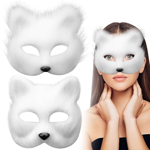 Pesoncarl Fox Mask 2 Stück Realistische Plüsch Therian Maske Halbgesicht dekorative weiße pelzige Maske Maskerade Animal Maske für Cosplay Party Halloween Masken für Erwachsene von Pesoncarl