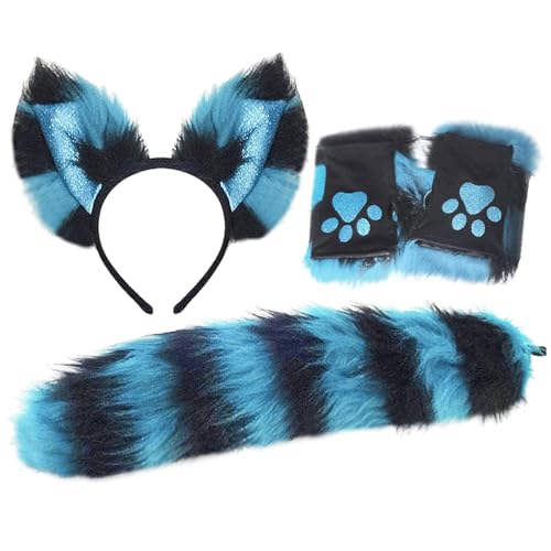 Pesoncarl Fuchsohren und Schwanzset, weiche pelzige Pfoten Handschuhe, Fuchsohren Stirnband und pelzige Schwänze, Fuchskostüm für Kinder Erwachsene Fancy Party Cosplay Kostüm, Blau Pesoncarl Fuchsohren und Schwanzset, weiche pelzige Pfoten Handschuhe, Fuchsohren Stirnband und pelzige Schwänze, Fuchskostüm für Kinder Erwachsene Fancy Party Cosplay Kostüm, Blau von Pesoncarl