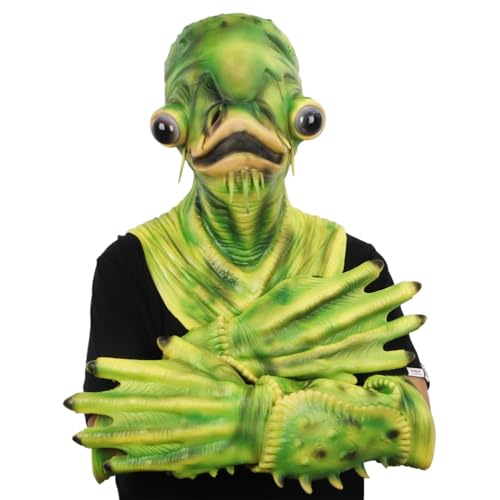 Pesoncarl Halloween -Masken Halloween Catfish Green Full Head Fischmaske mit 1 Paar Handschuhen Latexfischkostüm für Erwachsene mit atmungsaktiven Löchern für Karnevalsparty Animal Cosplay Prop, 2025 von Pesoncarl