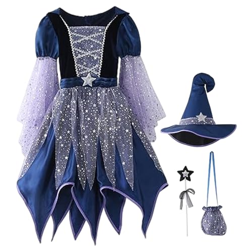 Pesoncarl Hexenkostüm für Mädchen, leuchtendes böses Hexenkleid mit Hut, Magics -Zauberstab und Süßwarenbeutel für Halloween -Party -Dekor, 120 cm von Pesoncarl