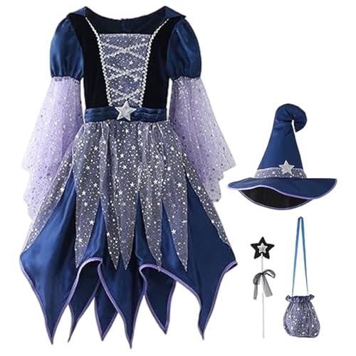 Pesoncarl Hexenkostüm für Mädchen, leuchtendes böses Hexenkleid mit Hut, Magie -Zauberstab und Süßwarenbeutel für Halloween -Party -Dekor, 110 cm, Halloween 2025 von Pesoncarl