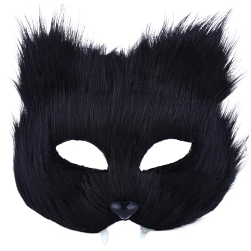 Pesoncarl Katzenmaske Halbgesicht langes Plüschfuchs -Maske künstlich realistisches Therian schwarzes Tier für Maskerade, Halloween, Dress -up, Cosplay, Spielzeug von Pesoncarl