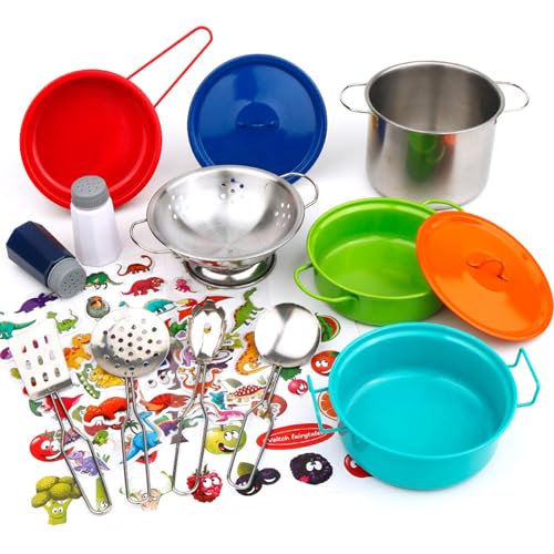 Kids Kitchen Play Set, farbenfrohe Edelstahltöpfe und Pfannen Spielzeugküche mit Dinosaurier und Lebensmittelaufklebern, Mini Spiel Küchenzubehör für Junge Mädchen Kleinkinder von Pesoncarl