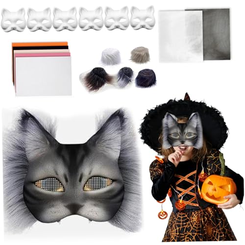 Pesoncarl Masken für Kinder, Masken-Making-Kit, Katzenmasken-Kit mit Masken, Haaren und Mesh, DIY Blank Therian für Maskerade, Make-up-Karneval, Kunsthandwerk für Kinder 23pcs von Pesoncarl