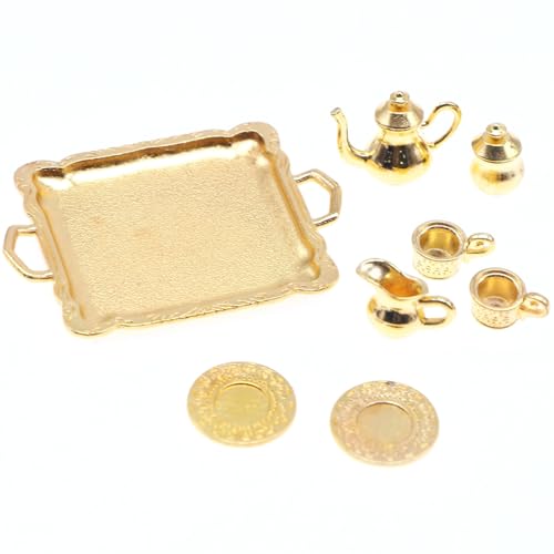 Pesoncarl Miniature Tee Set, 1 Set 1/12 Skala Mini Tee Set, lebensechte Mini Teebecher und Mini Teekanne, Legierung Mini Puppenhauszubehör von Pesoncarl