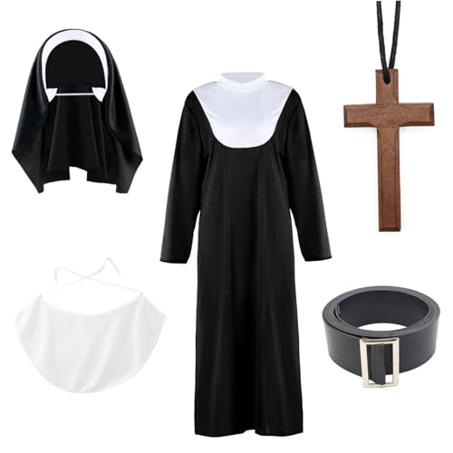 Pesoncarl Nonne Kostüme für Frauen Halloween Nonne Outfit mit Kopfbedeckung, Lätzchen, Gürtel und Kreuz Halskette Religiöse Damenkleid Kostüme für Halloween -Party -Cosplay -Vorräte, 2025 von Pesoncarl