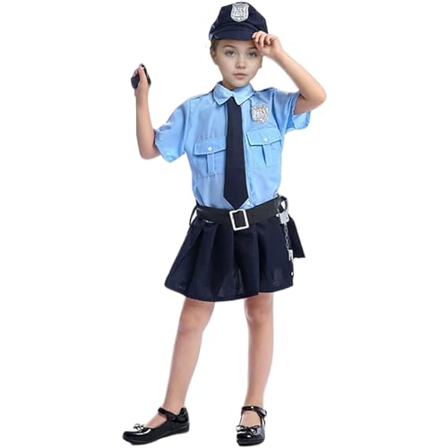 Pesoncarl Polizeibeamter Kostüm für Mädchen süße Kinderpolizeikostüm umfasst Rock, Krawatte, Gürtel, Kopfbedeckungs Halloween -Kostüme für Party, Rollenspiel, Dress -up, Größe 140 von Pesoncarl