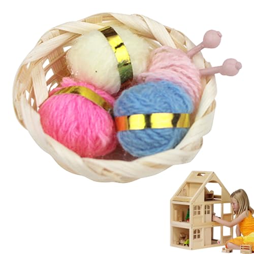 Pesoncarl Puppenhausnadelkorb, Miniatur Strickkorb mit Wollgarnkugel, Mini Strickgarnnadeln, Puppenhauszubehör für Weihnacht Dollhouse Decor Miniature von Pesoncarl