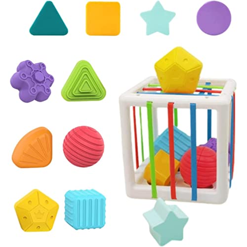 Pesoncarl Sinnesbehälter für Babyspielzeug, Sortiermaschine für Babyspielzeug, farbige elastische Seilwürfel und 10 Formen von Multi Sensory, Lernbehälter, Kleinkind von Pesoncarl