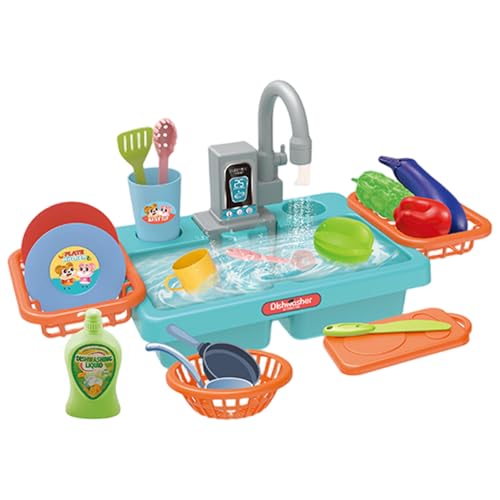 Pesoncarl Spielwaschbecken mit fließendem Wasser, elektrischer Kunststoffkinder Spielspüle, 19pcs/Set BPA-freier Wassertisch für Jungen Mädchen, Küchenspielsets von Pesoncarl