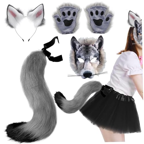 Pesoncarl Wolfsmaske mit Wolfspaws & Ohren und Heckset Realistic Pelry Kostüm DIY Dekorative Kostüme für Halloween Masquerade Cosplay von Pesoncarl