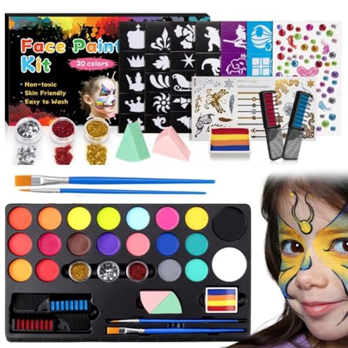 Schminken -Kit, 20 Farben Gesichtsfarbe Make -up -Kit mit Pinsel und Schablonen, ungiftige Gesichtsfarbe Körperfarbe für Kinder, Erwachsene, Halloween, Karneval, Fingerfarben von Pesoncarl