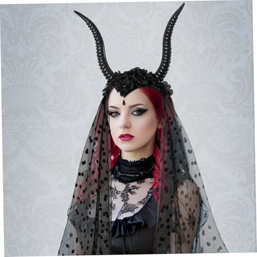 Teufelshörner Stirnband, schwarze gotische Ziegenhörner Haarband mit künstlicher Blume, Wasserabfallperle und Tupfen -Dot -Mesh für Halloween -Kostüm -Cosplay -Foto -Requisiten, Hüte für Erwachsene von Pesoncarl
