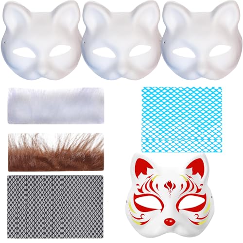 Therian Maske, 3pcs leere Halbgesichtskatze Maske mit Pelzen und Augennetz, DIY, um Weiß zu malen, Tier für Halloween-Maskerade- und Cosplay-Partys, Spielzeug, Spielzeug Therian Maske, 3pcs leere Halbgesichtskatze Maske mit Pelzen und Augennetz, DIY, um Weiß zu malen, Tier für Halloween-Maskerade- und Cosplay-Partys, Spielzeug, Spielzeug von Pesoncarl